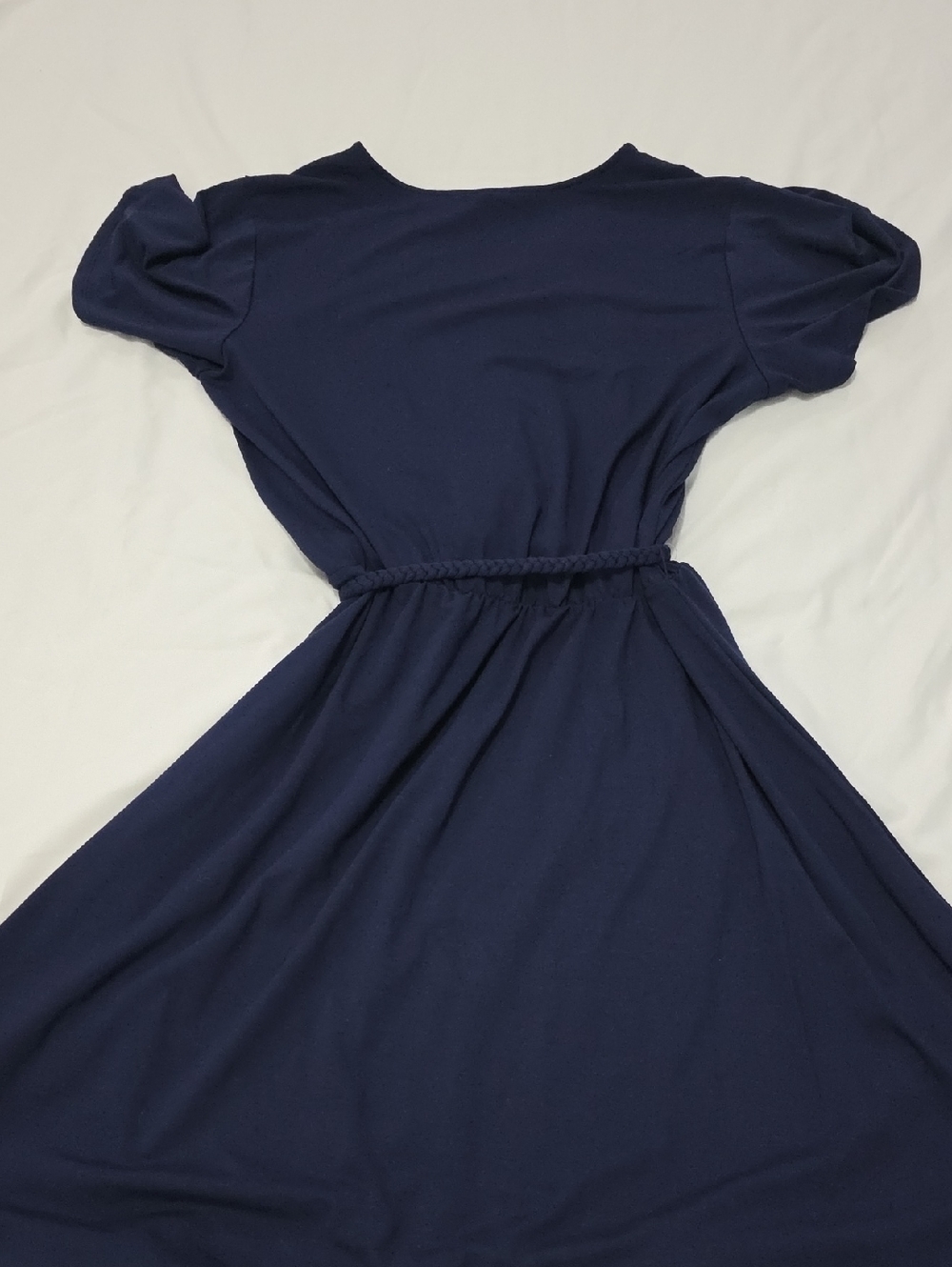 Navy Embroidered V-Neck Dress with Braided Waist Tie Size M - Picture 3 of 5